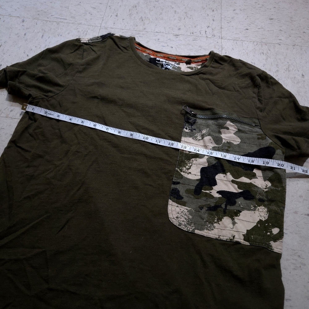 Triple Five Soul | Army Green Tee with Camouflage Pocket & Side Zippers - Picture 7 of 7